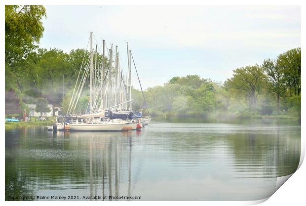 Sailboats on a Misty Canal Print by Elaine Manley