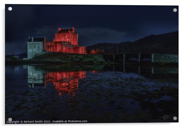 Red and white floodlighting of Eilean Donan Castle for Remembrance Sunday Acrylic by Richard Smith