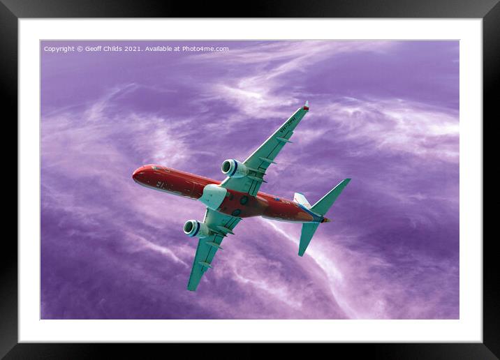  Airliner Flying in a mauve cloudy sky. Framed Mounted Print by Geoff Childs