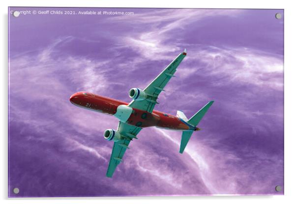  Airliner Flying in a mauve cloudy sky. Acrylic by Geoff Childs