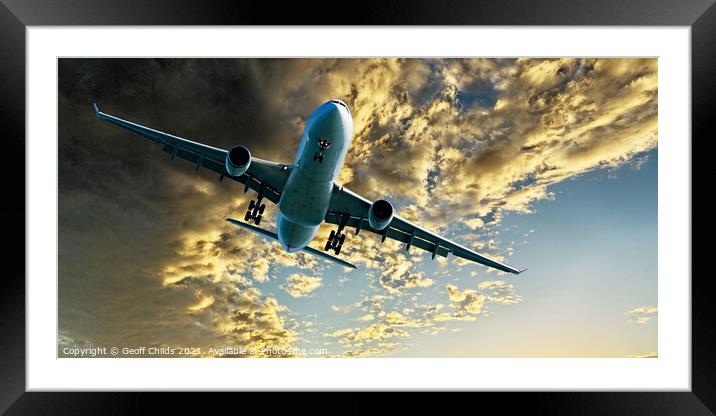 Jet Airliner Flying in an Golden sky. Framed Mounted Print by Geoff Childs