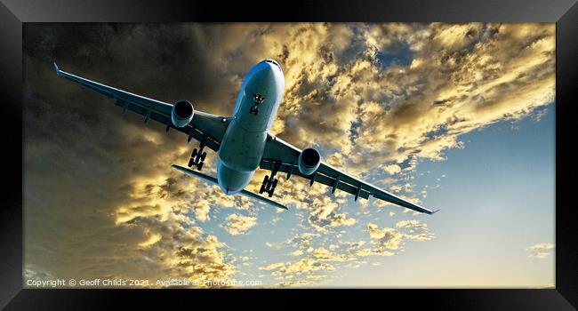 Jet Airliner Flying in an Golden sky. Framed Print by Geoff Childs