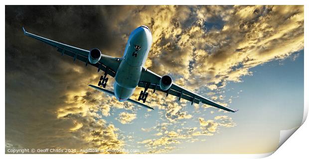 Jet Airliner Flying in an Golden sky. Print by Geoff Childs