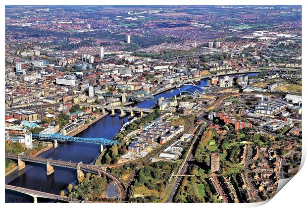 Aerial view of Newcastle and Gateshead. Print by mick vardy