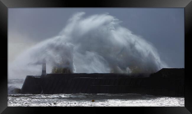 Porthcawl Pier and lighthouse, south wales, storm wave Framed Print by Geraint Tellem ARPS