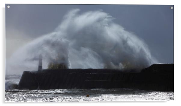 Porthcawl Pier and lighthouse, south wales, storm wave Acrylic by Geraint Tellem ARPS