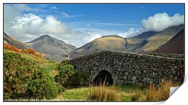 Stone bridge and mountains at Wastwater Print by ROS RIDLEY