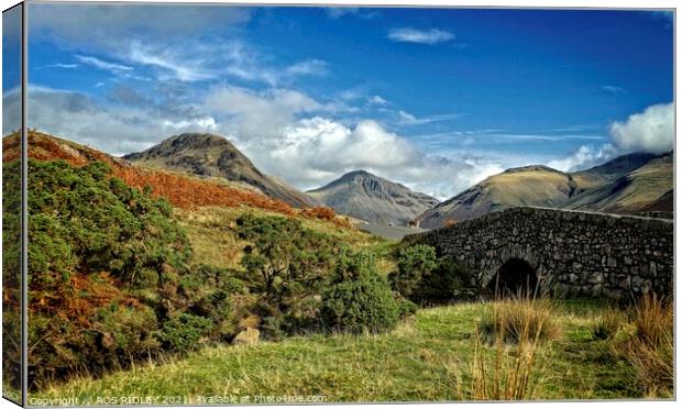 Stone Bridge and mountains at Wastwater 2 Canvas Print by ROS RIDLEY