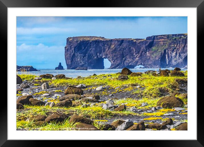 Dyrholaey Arch with Hole Reynisfjara Black Sand Beach Iceland Framed Mounted Print by William Perry
