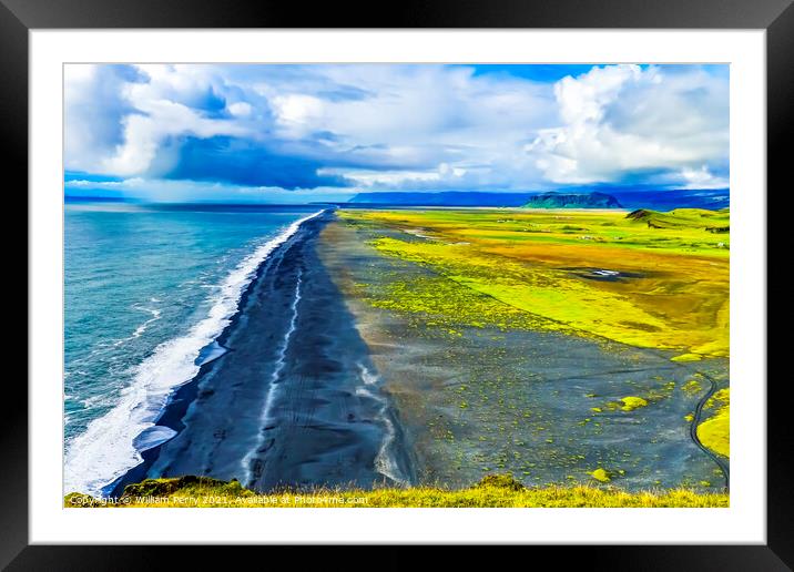 Green Pastures Houses Reynisfjara Black Sand Beach Iceland Framed Mounted Print by William Perry