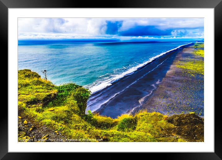 Green Cliff Waves Peebles Dyrholaey Park Reynisfjara Black Sand Framed Mounted Print by William Perry