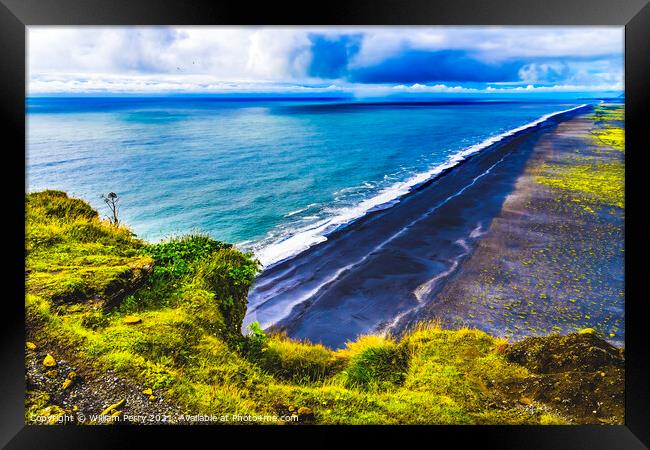 Green Cliff Waves Peebles Dyrholaey Park Reynisfjara Black Sand Framed Print by William Perry