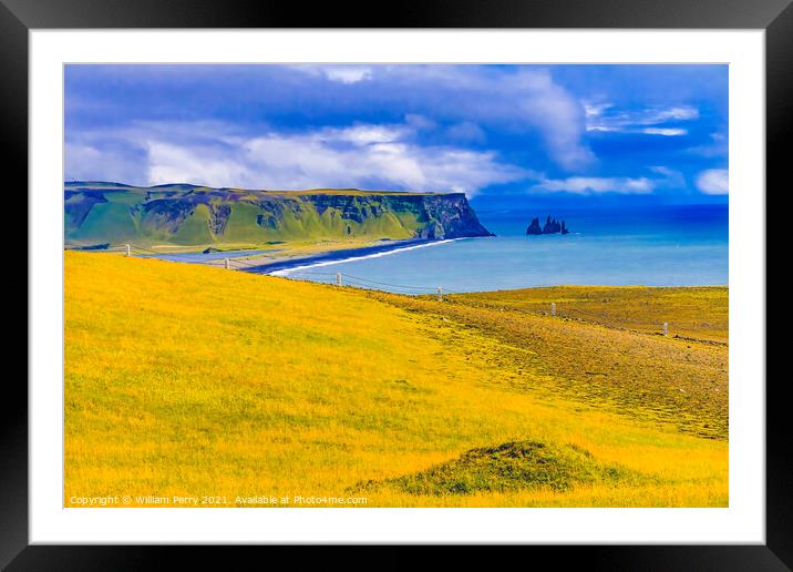 Green Cliff Dyrholaey Park Reynisfjara Black Sand Beach Iceland Framed Mounted Print by William Perry