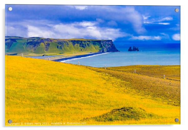 Green Cliff Dyrholaey Park Reynisfjara Black Sand Beach Iceland Acrylic by William Perry