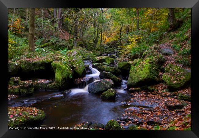 Padley Gorge waterfalls, autumn leaves and moss covered rocks in the Peak District Framed Print by Jeanette Teare