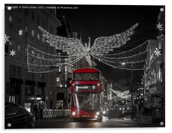 Red bus at Regent Street St James at Christmas, Lo Acrylic by Vicky Outen