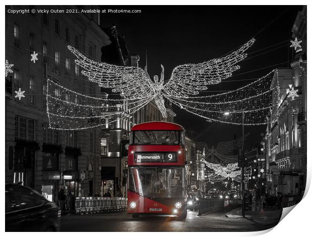 Red bus at Regent Street St James at Christmas, Lo Print by Vicky Outen