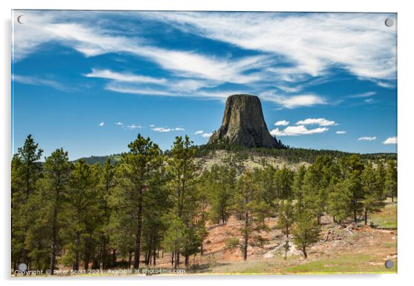 Devils Tower with fair weather clouds above Acrylic by Peter Scott
