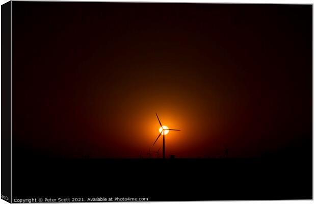 sunsetting behind Oklahoma wind farm Canvas Print by Peter Scott