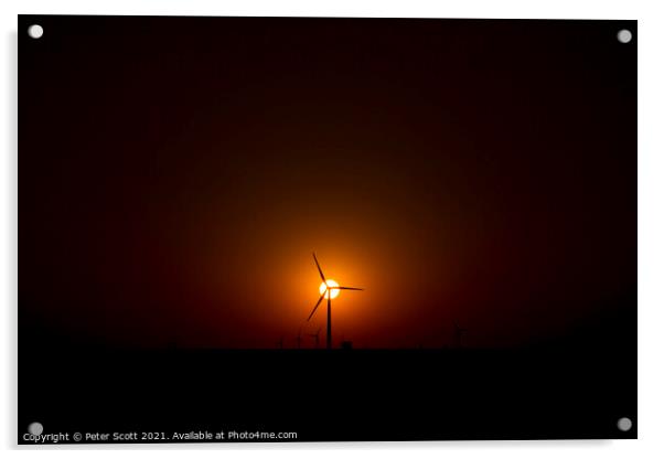 sunsetting behind Oklahoma wind farm Acrylic by Peter Scott