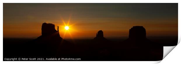 Sunrise & silhouettes at Monument Valley Print by Peter Scott