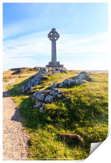 Celtic cross on Llanddwyn Island,  Print by Kevin Hellon