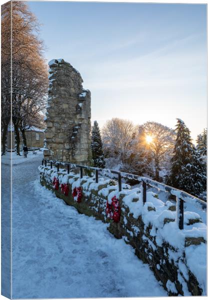 Knaresborough castle North Yorkshire sunrise with winter snow Canvas Print by mike morley