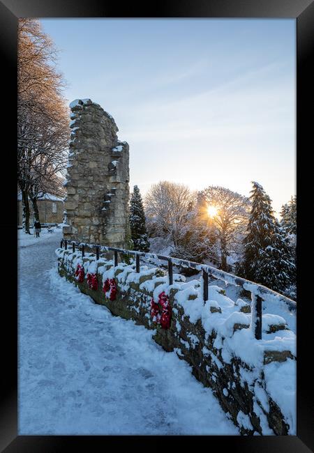 Knaresborough castle North Yorkshire sunrise with winter snow Framed Print by mike morley