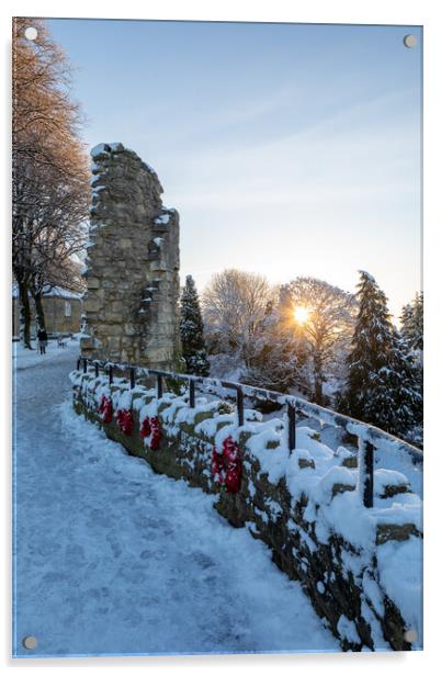 Knaresborough castle North Yorkshire sunrise with winter snow Acrylic by mike morley