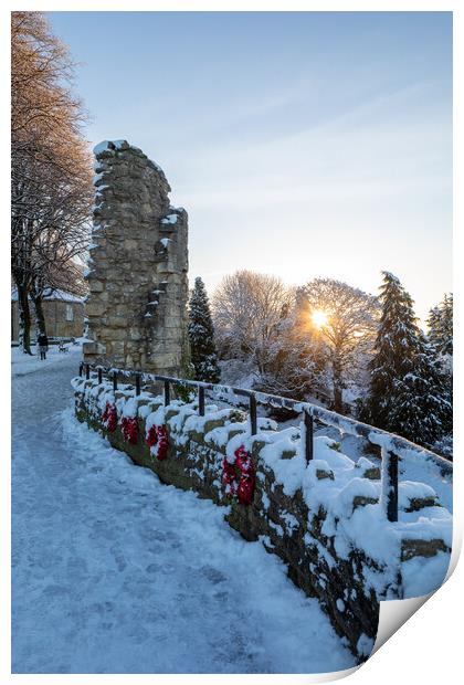 Knaresborough castle North Yorkshire sunrise with winter snow Print by mike morley