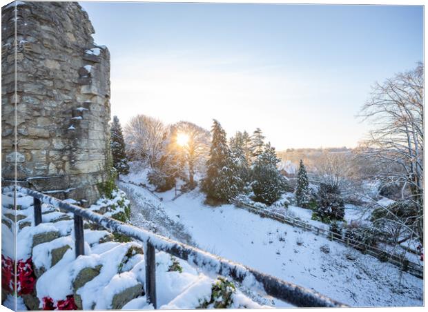 Knaresborough Castle North Yorkshire sunrise with winter snow Canvas Print by mike morley