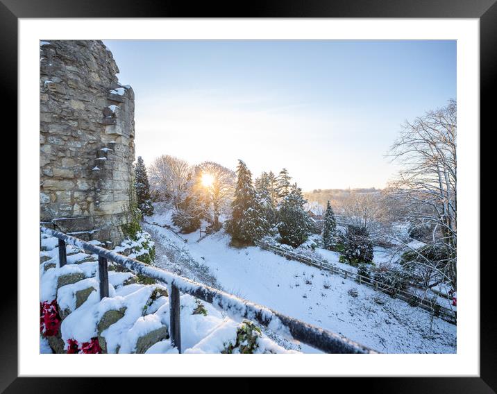 Knaresborough Castle North Yorkshire sunrise with winter snow Framed Mounted Print by mike morley