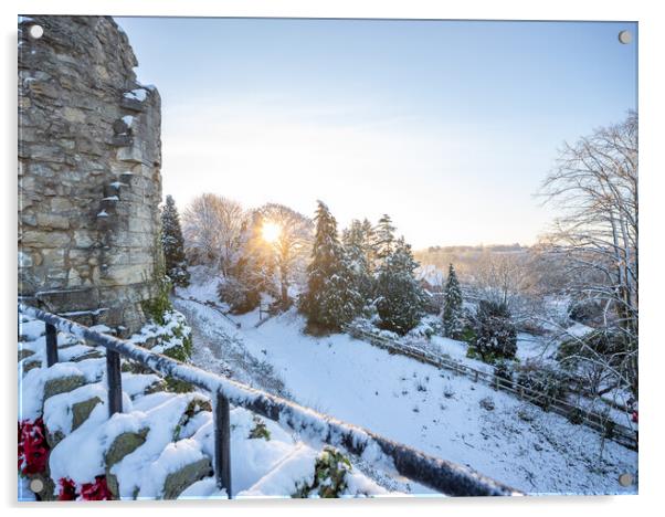 Knaresborough Castle North Yorkshire sunrise with winter snow Acrylic by mike morley