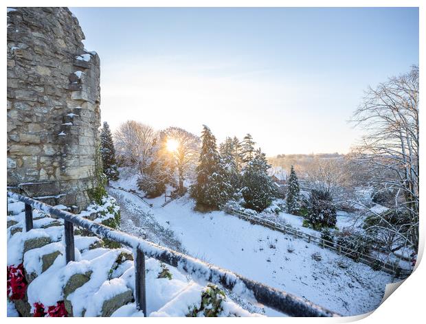 Knaresborough Castle North Yorkshire sunrise with winter snow Print by mike morley