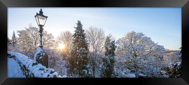 Knaresborough Castle panoramic scene North Yorkshire sunrise with winter snow Framed Print by mike morley