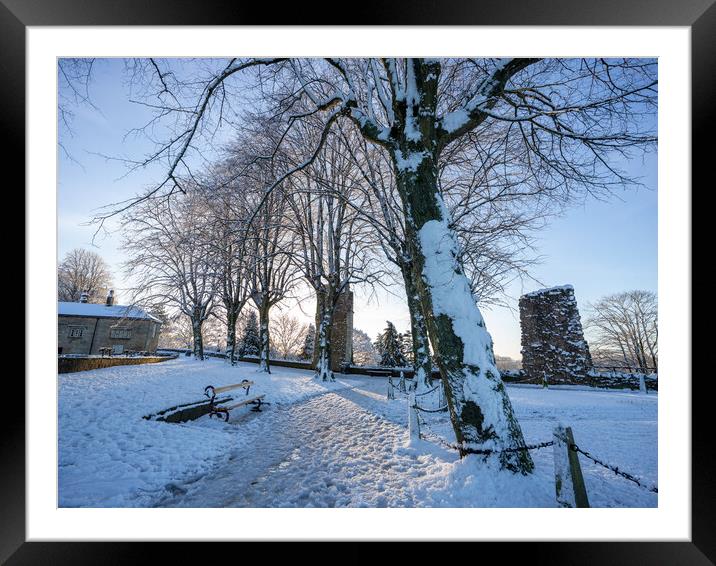 Knaresborough Castle North Yorkshire sunrise with winter snow Framed Mounted Print by mike morley