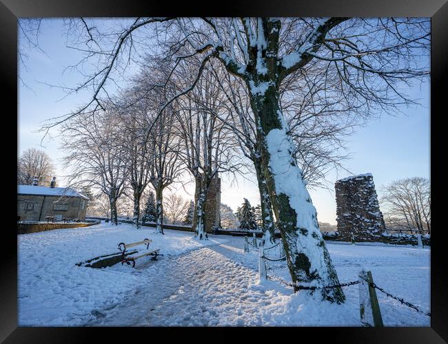 Knaresborough Castle North Yorkshire sunrise with winter snow Framed Print by mike morley