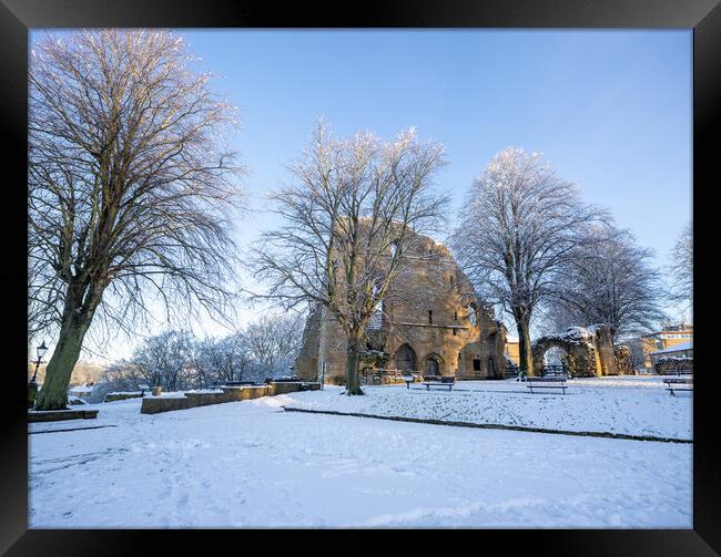 Knaresborough Castle North Yorkshire sunrise with winter snow Framed Print by mike morley