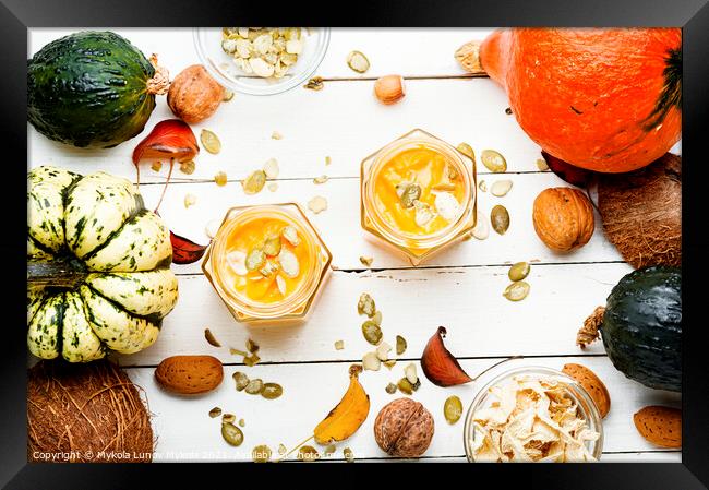 Autumn pumpkin smoothie drink Framed Print by Mykola Lunov Mykola