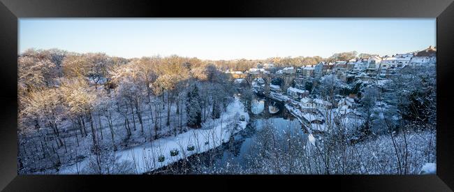Winter snow sunrise over the river Nidd in Knaresborough, North Yorkshire. Panoramic format. Framed Print by mike morley