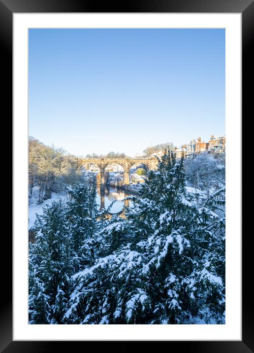 Winter snow sunrise over the river Nidd in Knaresborough, North Yorkshire. vertical Panoramic format. Framed Mounted Print by mike morley
