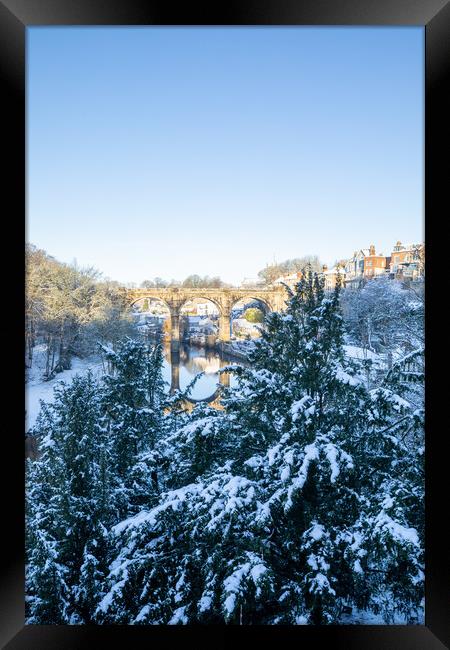 Winter snow sunrise over the river Nidd in Knaresborough, North Yorkshire. vertical Panoramic format. Framed Print by mike morley