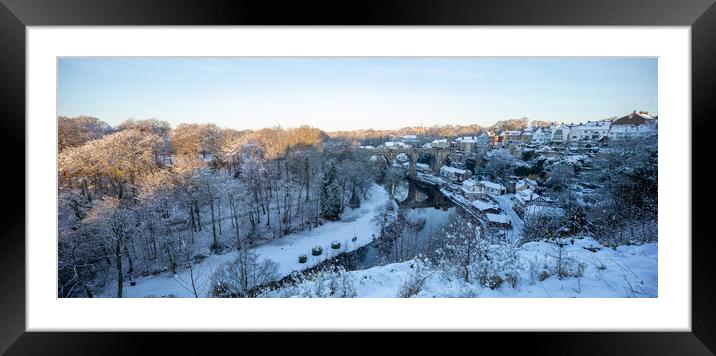 Winter snow sunrise over the river Nidd in Knaresborough, North Yorkshire. Panoramic format. Framed Mounted Print by mike morley