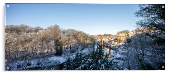 Winter snow sunrise over the river Nidd in Knaresborough, North Yorkshire. Panoramic format. Acrylic by mike morley