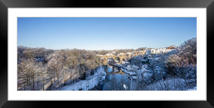 Winter snow sunrise over the river Nidd in Knaresborough, North Yorkshire. Panoramic format. Framed Mounted Print by mike morley