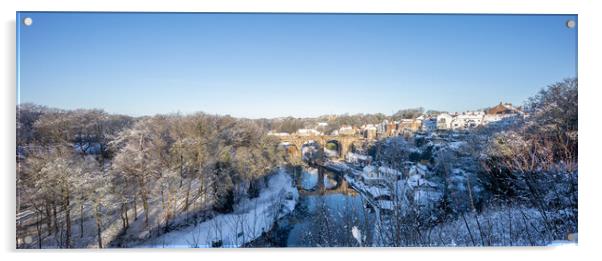 Winter snow sunrise over the river Nidd in Knaresborough, North Yorkshire. Panoramic format. Acrylic by mike morley