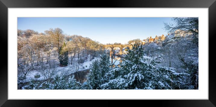 Winter snow sunrise over the river Nidd in Knaresborough, North Yorkshire. Panoramic format. Framed Mounted Print by mike morley