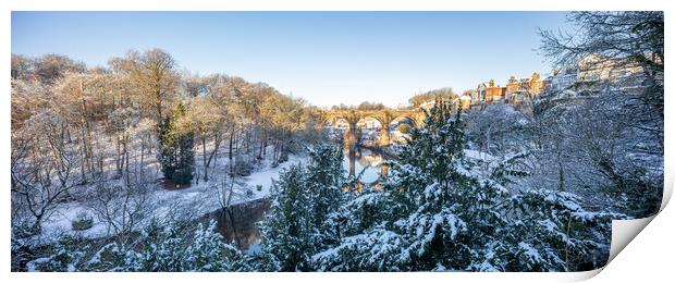Winter snow sunrise over the river Nidd in Knaresborough, North Yorkshire. Panoramic format. Print by mike morley