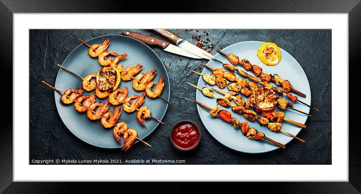Grilled shrimp and mussels skewers Framed Mounted Print by Mykola Lunov Mykola