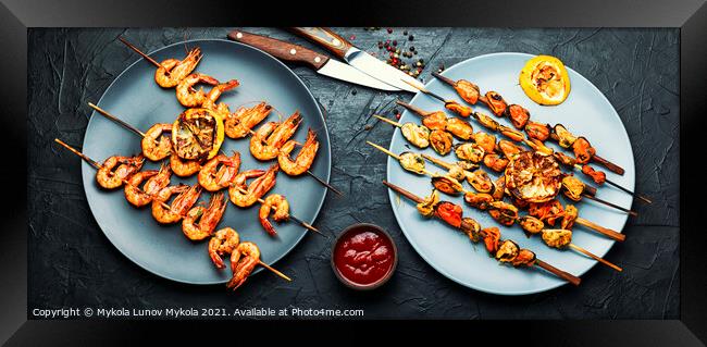 Grilled shrimp and mussels skewers Framed Print by Mykola Lunov Mykola